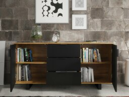 Rackhams Milled Stylish 140 cm Sideboard - Slatted Doors, Drawers, Modern and Elegant Design - 140 cm  - Oak Matt Body & Black Matt Fronts -  MDF/Chipboard - thumbnail 2