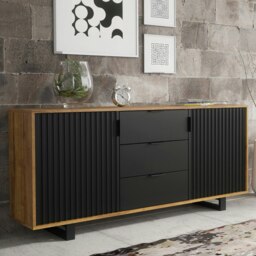 Rackhams Milled Stylish 140 cm Sideboard - Slatted Doors, Drawers, Modern and Elegant Design - 140 cm  - Oak Matt Body & Black Matt Fronts -  MDF/Chipboard