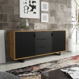 Rackhams Milled Stylish 140 cm Sideboard - Slatted Doors, Drawers, Modern and Elegant Design - 140 cm  - Oak Matt Body & Black Matt Fronts -  MDF/Chipboard - thumbnail 3