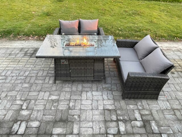Rackhams 3 Pieces Garden Furniture Sets Poly Rattan Outdoor Patio Gas Fire Pit Dining Table Sofa Set for Garden Backyard Dark Grey Mixed - image 1