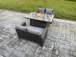 Rackhams 3 Pieces Garden Furniture Sets Poly Rattan Outdoor Patio Gas Fire Pit Dining Table Sofa Set for Garden Backyard Dark Grey Mixed - thumbnail 2