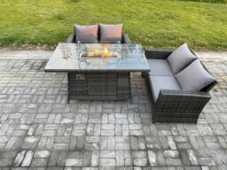 Rackhams 3 Pieces Garden Furniture Sets Poly Rattan Outdoor Patio Gas Fire Pit Dining Table Sofa Set for Garden Backyard Dark Grey Mixed