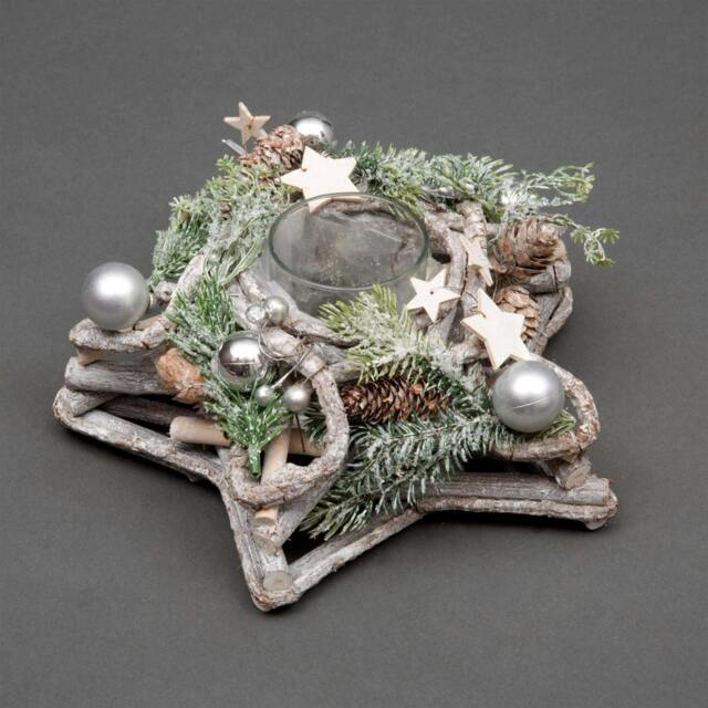 Rackhams 34cm Star Shape Wooden Candle Holder Christmas Table Centrepiece with Glass Insert, Red Baubles and Seasonal Details - 24CM - PVC - Silver - image 1