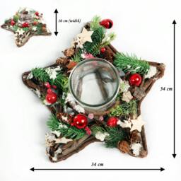 Rackhams 34cm Star Shape Wooden Candle Holder Christmas Table Centrepiece with Glass Insert, Red Baubles and Seasonal Details - 24CM - PVC - Silver - thumbnail 4