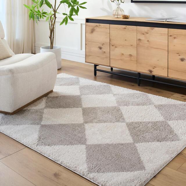 Rackhams Fossay Shag-Washable Beige Grey High Pile Diamond Rug - 200 x 275 cm - image 1