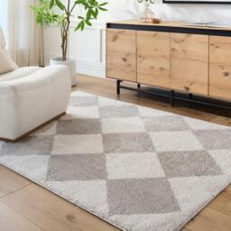 Rackhams Fossay Shag-Washable Beige Grey High Pile Diamond Rug - 200 x 275 cm - thumbnail 1