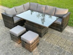 Rackhams 8 Seat Dark Mixed Grey Rattan Garden Furniture Corner Sofa Set Adjustable Dining Or Coffee Table Left Side - thumbnail 1