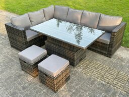 Rackhams 8 Seat Dark Mixed Grey Rattan Garden Furniture Corner Sofa Set Adjustable Dining Or Coffee Table Left Side - thumbnail 2