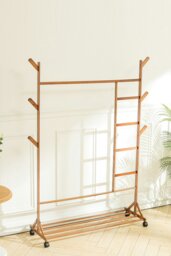 Rackhams Bamboo Clothes Rack Coat Garment Holder with Bottom Shelf Shoe Clothing Organizer - Brown - thumbnail 2