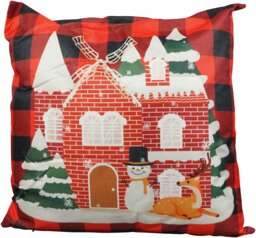 Rackhams Christmas Cushion, Black/Red Plaid House 45x45cm
