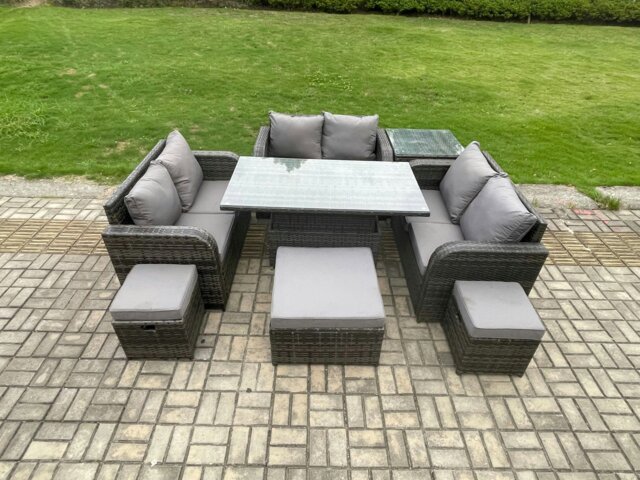 Rackhams Rattan Garden Outdoor Furniture 3 PC Love Sofa Set Adjustable Rising lifting Dining Table With Side Table 3 Footstools - image 1