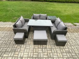 Rackhams Rattan Garden Outdoor Furniture 3 PC Love Sofa Set Adjustable Rising lifting Dining Table With Side Table 3 Footstools - thumbnail 1