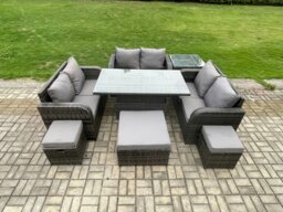 Rackhams Rattan Garden Outdoor Furniture 3 PC Love Sofa Set Adjustable Rising lifting Dining Table With Side Table 3 Footstools - thumbnail 2