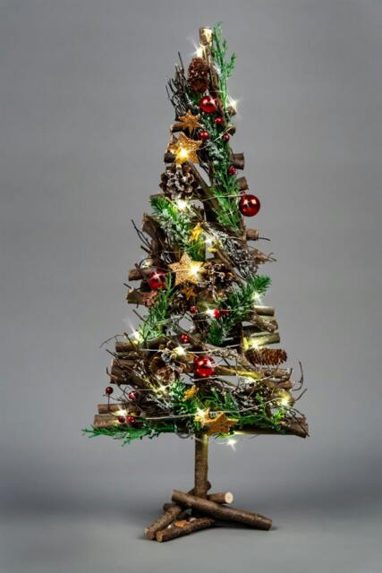 Rackhams 5cm Battery Operated LED Twig Wood Tree with Warm White Lights, Red Baubles and Rustic Festive Details - image 1