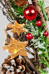 Rackhams 5cm Battery Operated LED Twig Wood Tree with Warm White Lights, Red Baubles and Rustic Festive Details - thumbnail 2