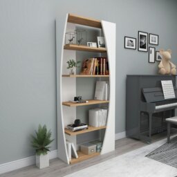 Rackhams Bookcase Bookshelf Shelving Unit with 5 Tier Open Shelves Nestor - Light Walnut & Beige - thumbnail 6