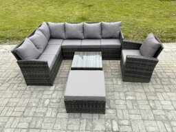 Rackhams 8 Seater Outdoor Garden Furniture Set Wicker PE Rattan Corner Sofa Set with Square Coffee Table Big Footstool Armchair Dark Grey Mixed - thumbnail 2