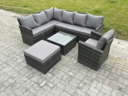 Rackhams 8 Seater Outdoor Garden Furniture Set Wicker PE Rattan Corner Sofa Set with Square Coffee Table Big Footstool Armchair Dark Grey Mixed - thumbnail 1