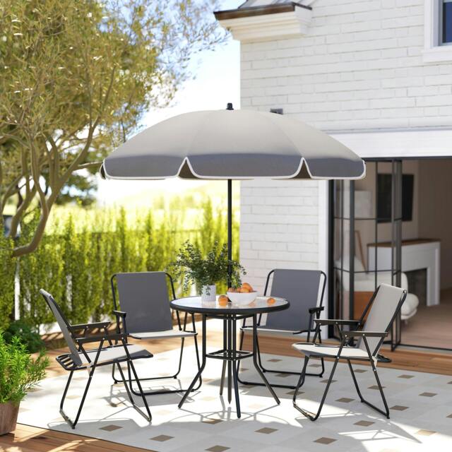 Rackhams 6 Pieces Garden Furniture Set with Parasol, Folding Chairs, Cream - Grey