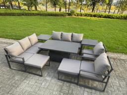 Rackhams 10 Seater Aluminium Garden Furniture Set with Adjustable Rising Dining Table, 2 Chairs, 2 Footstools & 2 Side Tables - Grey - thumbnail 2