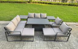 Rackhams 10 Seater Aluminium Garden Furniture Set with Adjustable Rising Dining Table, 2 Chairs, 2 Footstools & 2 Side Tables - Grey - thumbnail 1