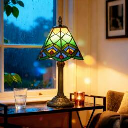 Rackhams Handcrafted Stained Glass Bedside Lamp, Tiffany Style Table Lamp - Green - Bulb not included - Metal, Resin, Stained glass