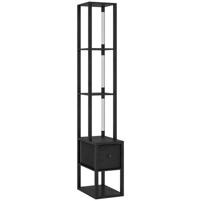 Rackhams Floor Lamp with Shelves, LED Column Modern Standing Lamp with Fabric Drawer, Adjustable Brightness, Foot Switch, Black