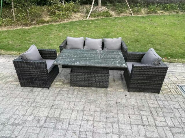 Rackhams 5 Seater Wicker Rattan Garden Furniture Rising Table Sets Dark Grey Mix - image 1