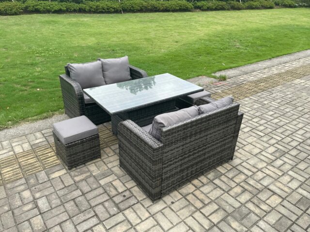 Rackhams Outdoor Rattan Furniture Garden Dining Set Height Adjustable Rising lifting Table Love Sofa Set With 2 Small Footstools Dark Grey Mixed - image 1