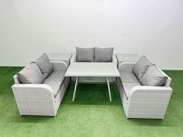 Rackhams Rattan Garden Furniture Dining Set 6 seater Patio Rectangular Table Love Sofa Set with 2 Side Tables - image 1