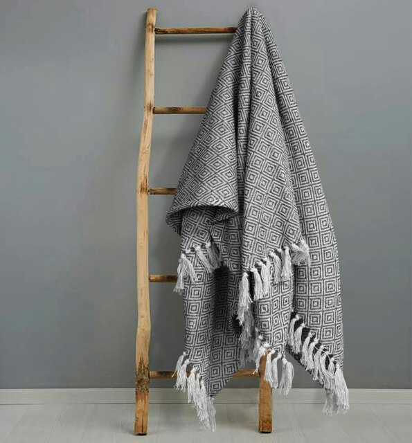 Rackhams Luxury Jacquard Diamond Cotton Tassel Throw - 228cm x 254cm - Grey - image 1
