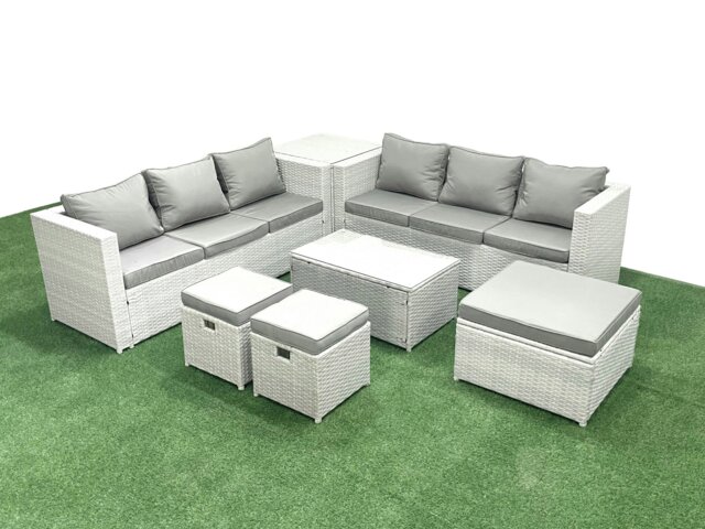 Rackhams Garden Outdoor PE Rattan Furniture Set 9 Seater Rattan Garden Sofa Set with 3 Footstools Side Table Light Grey Mixed - image 1