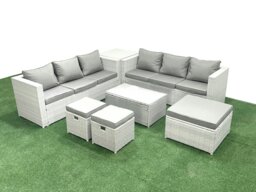 Rackhams Garden Outdoor PE Rattan Furniture Set 9 Seater Rattan Garden Sofa Set with 3 Footstools Side Table Light Grey Mixed - thumbnail 1