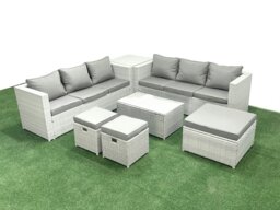 Rackhams Garden Outdoor PE Rattan Furniture Set 9 Seater Rattan Garden Sofa Set with 3 Footstools Side Table Light Grey Mixed - thumbnail 2