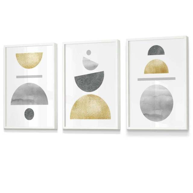 Rackhams Golden Yellow and Grey Mid Century Geometric Framed Set of 3 Wall Art - 59x84cm (A1) - White - image 1