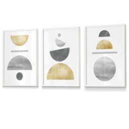 Rackhams Golden Yellow and Grey Mid Century Geometric Framed Set of 3 Wall Art - 59x84cm (A1) - White - thumbnail 1