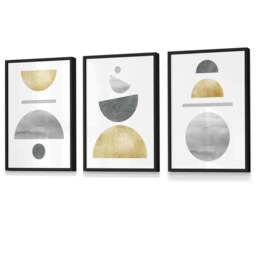 Rackhams Golden Yellow and Grey Mid Century Geometric Framed Set of 3 Wall Art - 59x84cm (A1) - White - thumbnail 5