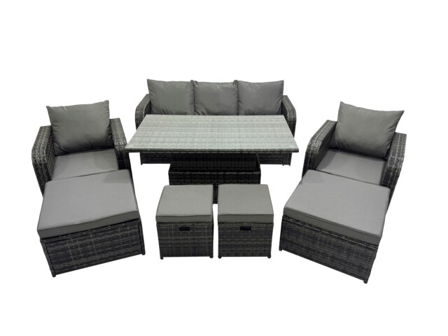Rackhams Rattan Garden Furniture Dining Set 8 seater Patio Height Adjustable Rising Lifting Table Sofa Set with 4 Footstools Dark Grey Mixed - image 1
