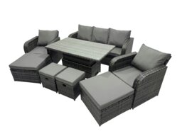 Rackhams Rattan Garden Furniture Dining Set 8 seater Patio Height Adjustable Rising Lifting Table Sofa Set with 4 Footstools Dark Grey Mixed - thumbnail 2