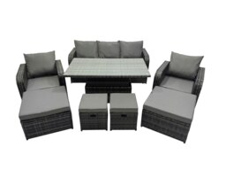 Rackhams Rattan Garden Furniture Dining Set 8 seater Patio Height Adjustable Rising Lifting Table Sofa Set with 4 Footstools Dark Grey Mixed - thumbnail 1