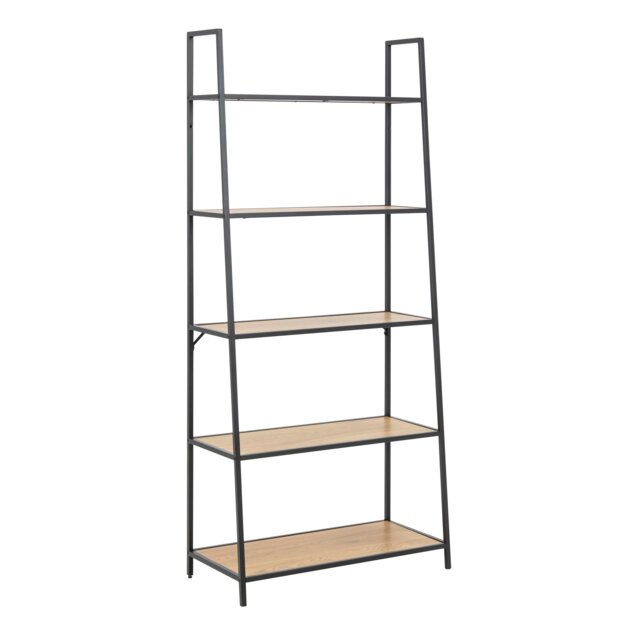 Rackhams Seaford Black Metal Ladder Bookcase with 5 Oak Shelves - 1 - Black and Natural - Wood - image 1
