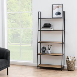 Rackhams Seaford Black Metal Ladder Bookcase with 5 Oak Shelves - 1 - Black and Natural - Wood - thumbnail 5