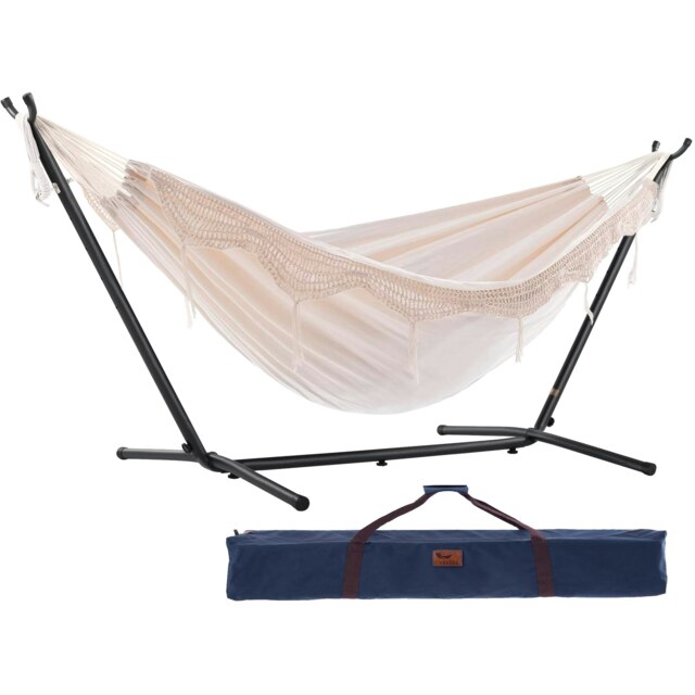 Rackhams Double Cotton Hammock with Stand (280cm) - Natural with Fringe - image 1