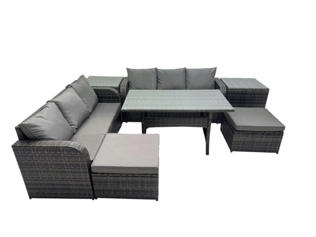 Rackhams 8 Seat Outdoor Wicker PE Rattan Garden Furniture Set Dining Table Sofa Set with 2 Big Stools 2 Side Tables Dark Grey Mixed - image 1