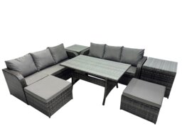 Rackhams 8 Seat Outdoor Wicker PE Rattan Garden Furniture Set Dining Table Sofa Set with 2 Big Stools 2 Side Tables Dark Grey Mixed - thumbnail 2