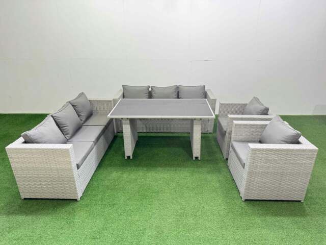 Rackhams 8 Seater Wicker PE Rattan Furniture Outdoor Dining Table 3 Seater Sofa Armchair Set Light Grey - image 1
