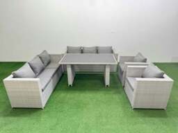 Rackhams 8 Seater Wicker PE Rattan Furniture Outdoor Dining Table 3 Seater Sofa Armchair Set Light Grey - thumbnail 1