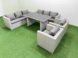 Rackhams 8 Seater Wicker PE Rattan Furniture Outdoor Dining Table 3 Seater Sofa Armchair Set Light Grey - thumbnail 2