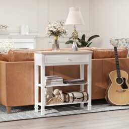 Rackhams 80x75cm Console Table w/ Drawer 2 Shelves Worktop Handle Retro White - thumbnail 1