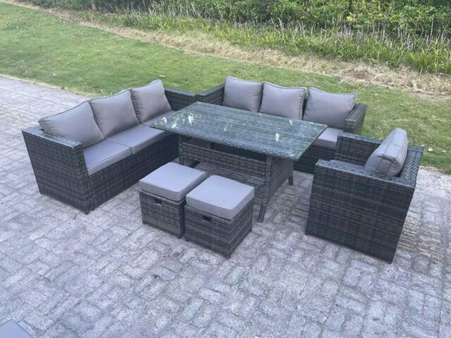 Rackhams Outdoor Lounge Sofa Garden Furniture Set Rattan Rectangular Dining Table Patio Chair with 2 Small Footstool 9 Seater Dark Grey Mixed - image 1